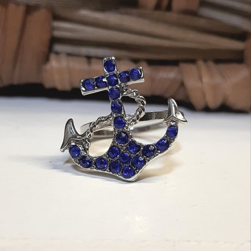 Faux Sapphire Anchor Ring Silver Nautical Blue Cruise Oversized Size 9